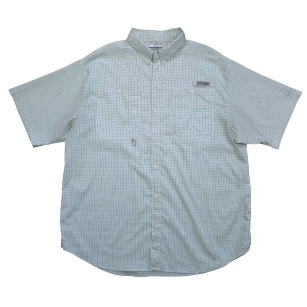 Columbia Mens Omni-Shade Short Sleeve Button Up Shirt XL White Blue Check.